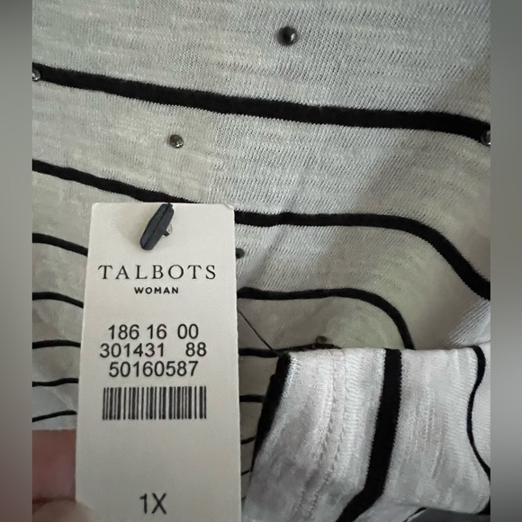 Talbots Ivory Black Stripe Plus Size 1X Rhinestones 3/4 Sleeves Knit Top Blouse - Picture 3 of 12